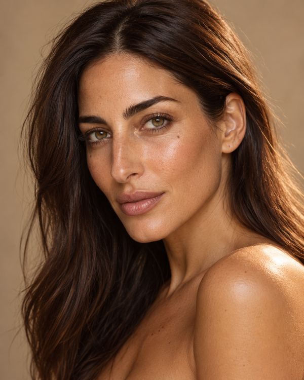 Portrait of a woman with long dark hair and warm olive skin