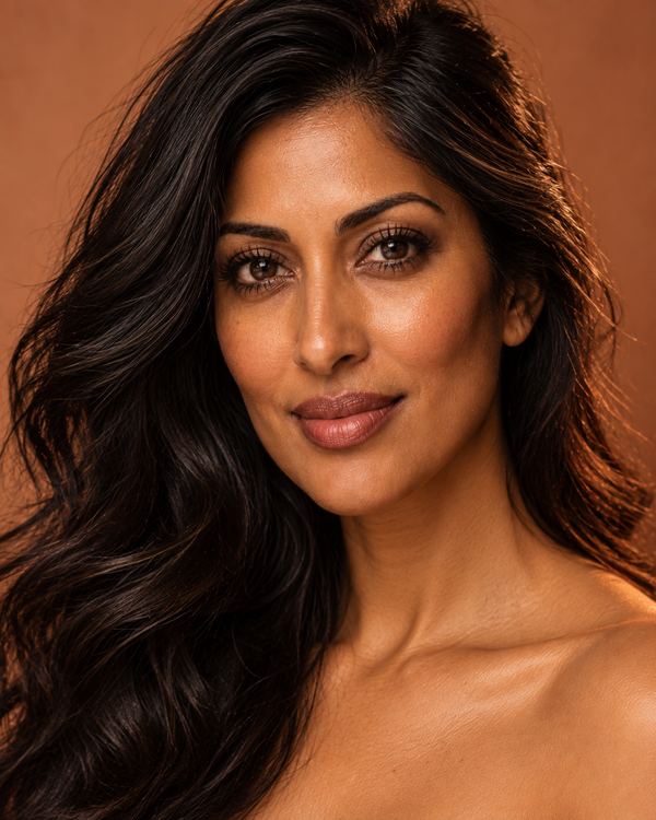 Portrait of a woman with long black hair and warm brown skin